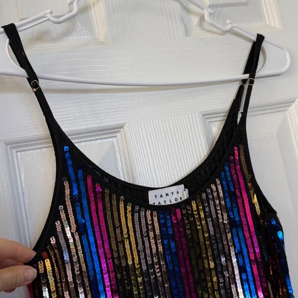 Tanya Taylor XS Multicolor Sequin Stripe Midi Dress Sleeveless Black Knit Lining - Picture 4 of 7